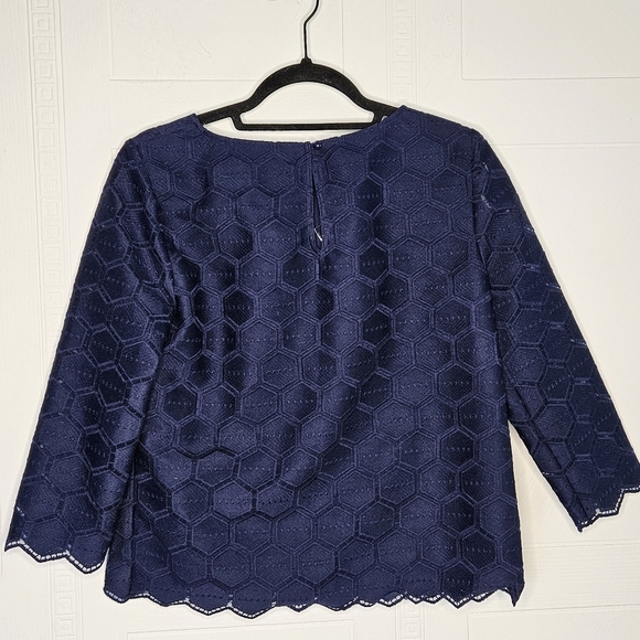 Anne Klein Navy Hexagon Pattern Embroidered Top Round Neck Long Sleeve Sz 2 NWT - Picture 2 of 16